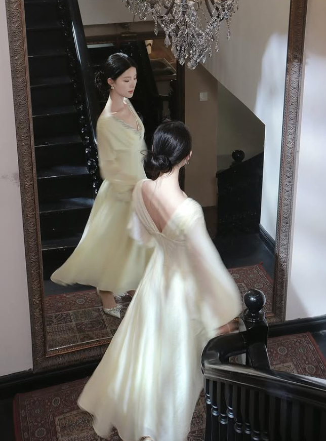 Elegant A Line Long Sleeve Beaded Ivory Chiffon Prom Dress Evening Dress DP5269