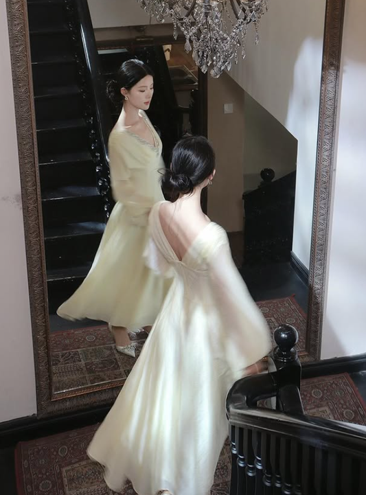 Elegant A Line Long Sleeve Beaded Ivory Chiffon Prom Dress Evening Dress DP5269