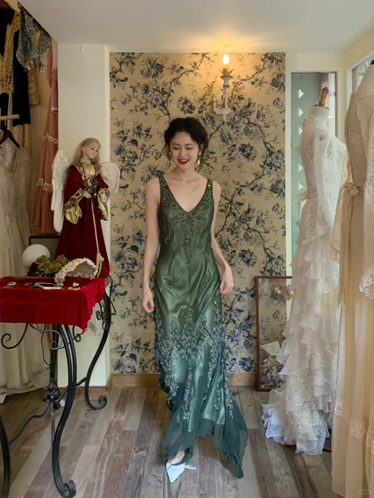 Vintage Mermaid V Neck Beaded Dark Green Chiffon Satin Prom Dress Party Dress DP3705
