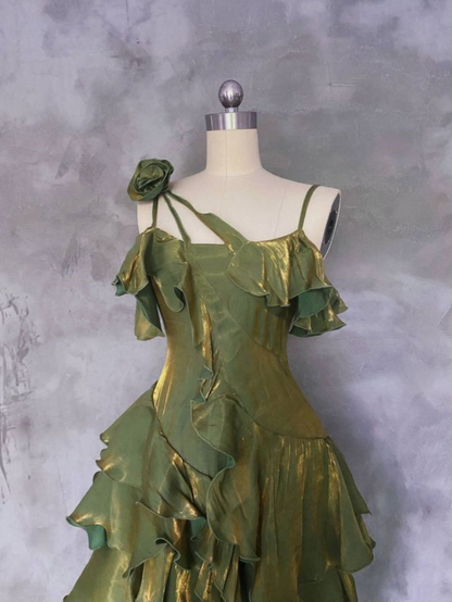 Green Asymmetrical Layered Ruffles Evening Gown Prom Dress Outfits DP669