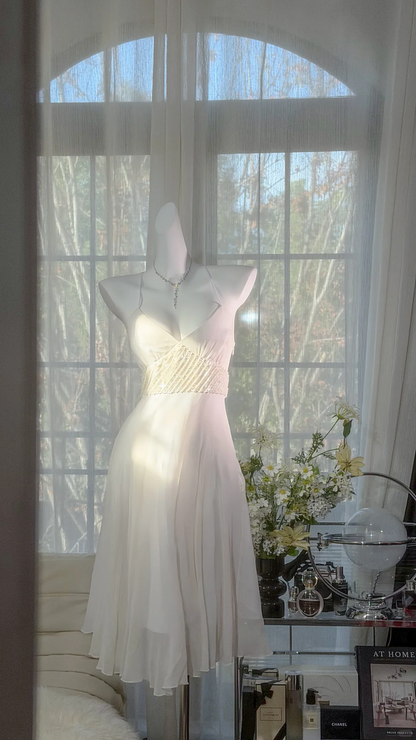 Gentle Vintage White Simple Beaded Chiffon Short Prom Dress Homecoming Dress DP4948