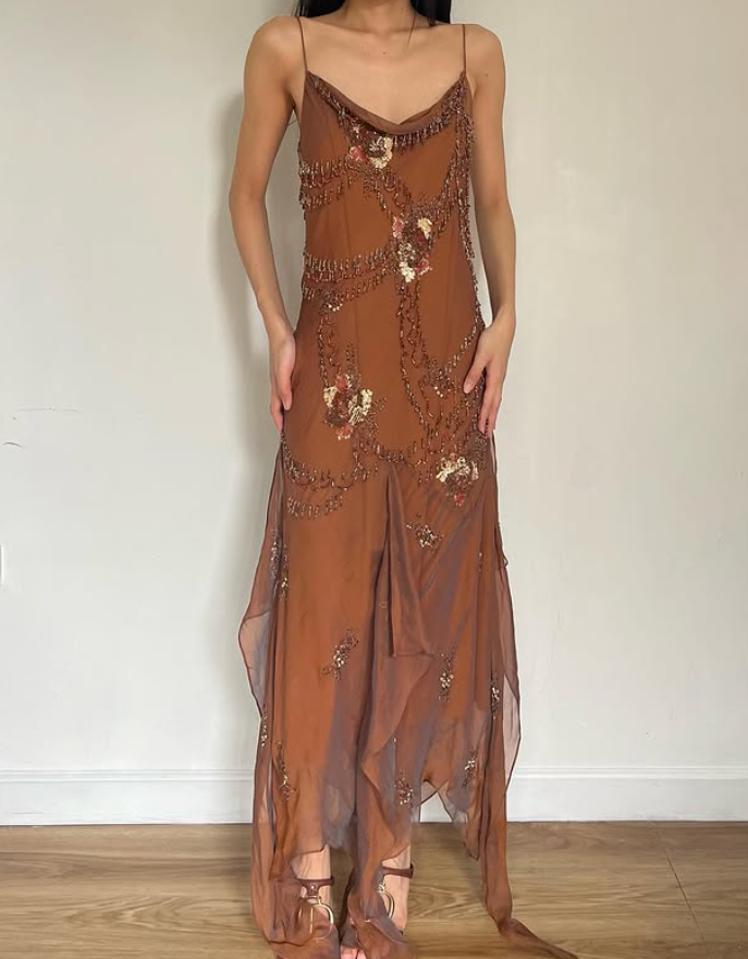 Vintage Brown A Line Spaghetti Strap Beaded Chiffon Prom Dress Party Dress DP3688