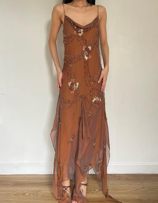 Vintage Brown A Line Spaghetti Strap Beaded Chiffon Prom Dress Party Dress DP3688