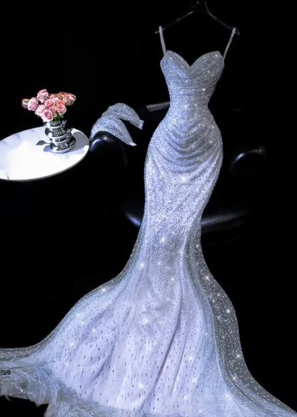 Sexy Mermaid Sweetheart Neck Beaded Tulle Long Prom Dress DP4645