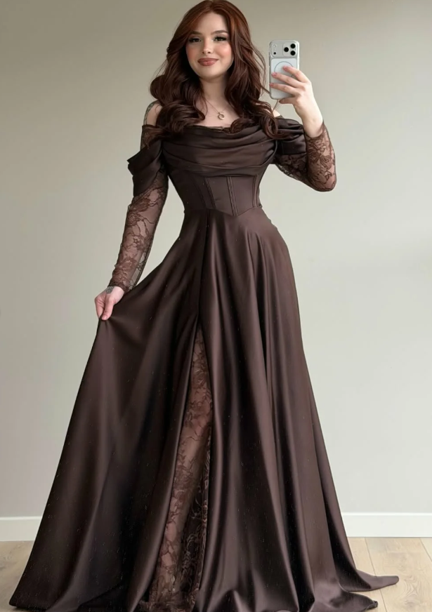 Elegant Brown A Line Long Sleeve Lace Satin Prom Dress DP5021