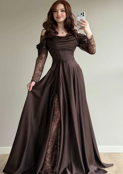 Elegant Brown A Line Long Sleeve Lace Satin Prom Dress DP5021