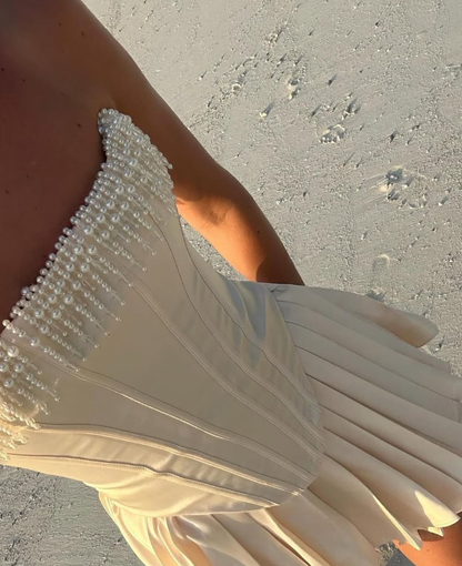 Cute A Line Strapless Pearl Corset Satin Short Homecoming Dress Birthday Dress DP1853