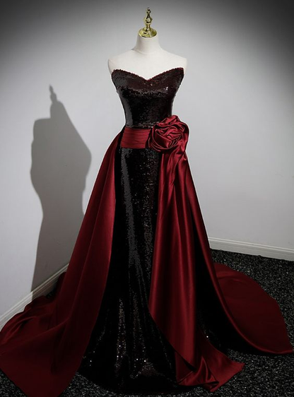 Beautiful Black Sequin Burgundy Satin Flower Prom Dress Mermaid Evening Dress DP113