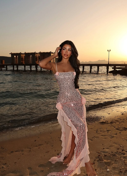 Pink Shiny Sheath Spaghetti Strap Ruffle Sequin Prom Dress Formal Dress with Slit DP3213
