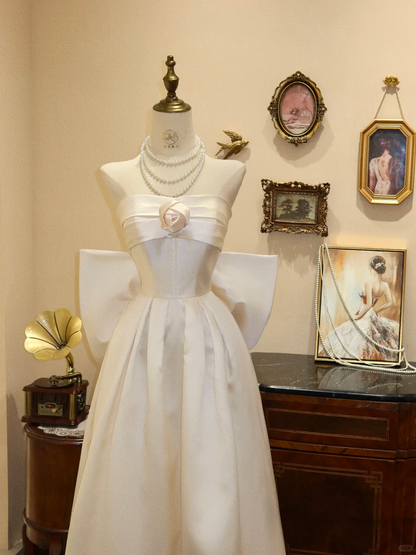 Cute White Bow A Line Strapless Satin Long Prom Dress Wedding Dress DP7031