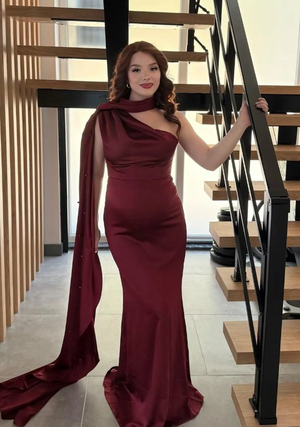 Simple Burgundy Sheath One Shoulder Satin Long Prom Dress Evening Dress DP6937