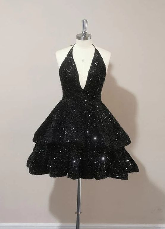 Sparkly Halter V Neck Sequin Cocktail Dress Black Short Prom Dress DP508