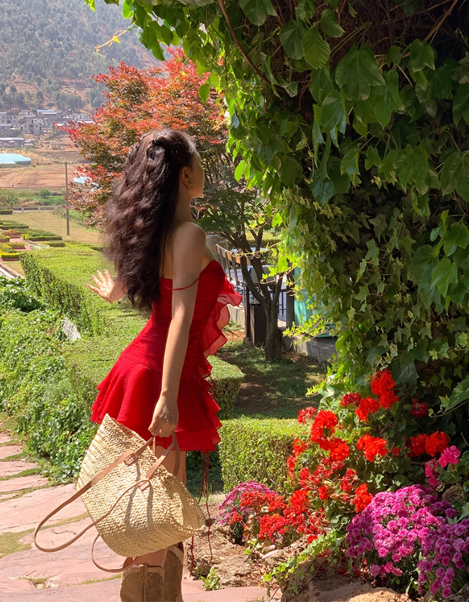 Bright Red A Line Spaghetti Strap Ruffle Chiffon Short Homecoming Dress Vacation Dress DP3642