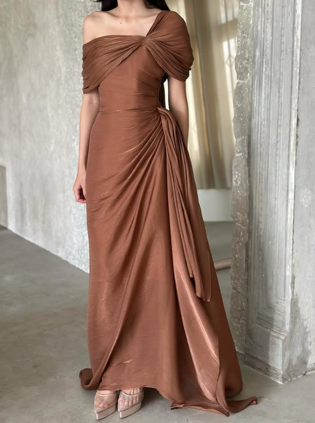 Flowy Brown A Line Satin Long Prom Dress Evening Dress DP6131