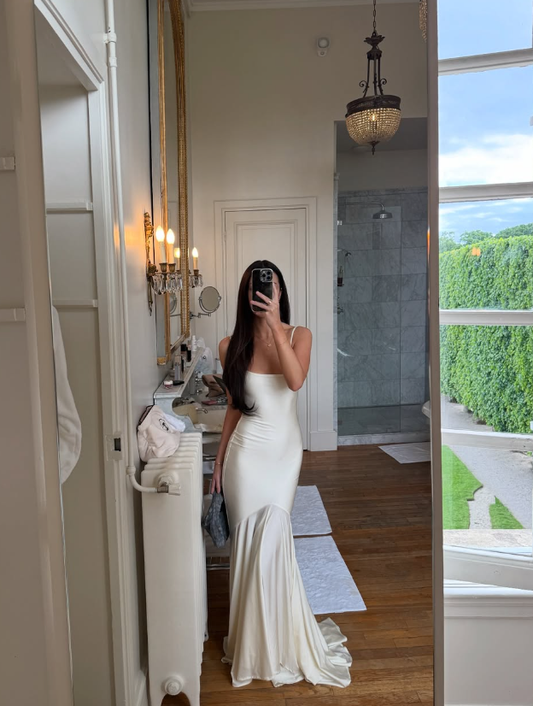 Simple Mermaid Spaghetti Strap Ivory Satin Party Dresses Evening Dress Date Dress DP3417