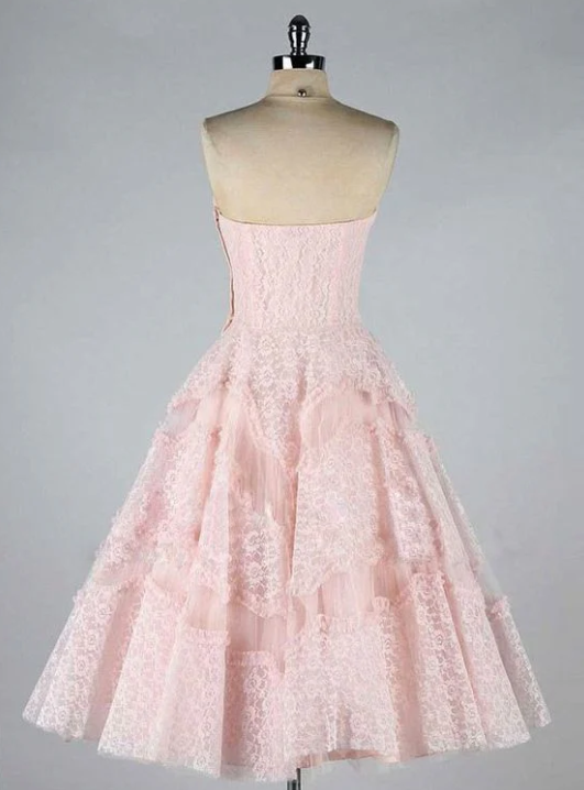Vintage Strapless Pink Lace Tulle Short Homecoming Dress Evening Dress DP1445
