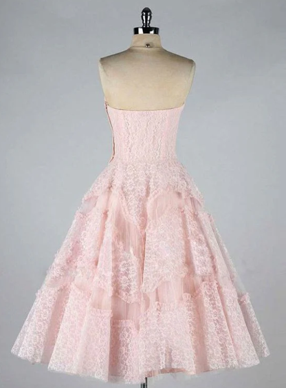 Vintage Strapless Pink Lace Tulle Short Homecoming Dress Evening Dress DP1445