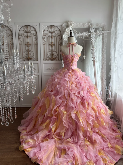 Vintage Pink-Yellow Ball Gown Halter Ruffle Organza Prom Dress Sweet 16 Dress DP5666