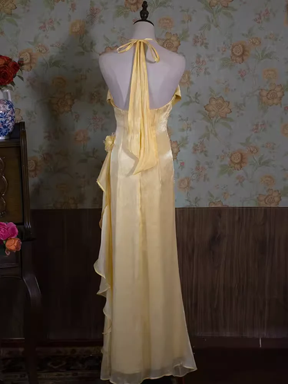 Vintage Mermaid Halter Yellow Flowers Chiffon Long Prom Dress DP296