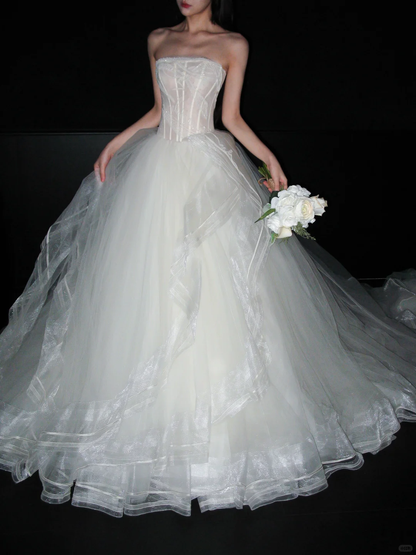 Pretty Ball Gown Strapless Corset White Ruffle Tulle Long Wedding Dress DP8094