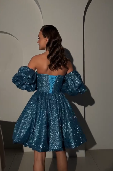 Shiny Ball Gown Puff Dark Blue Sequin Short Prom Dress Homecoming Dress DP3936