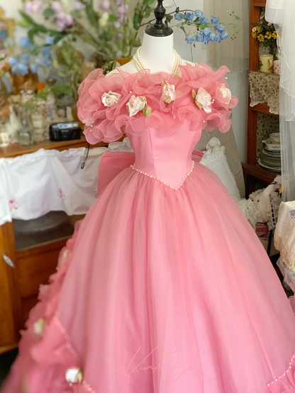 Vintage Pink Floral Ball Gown Off the Shoulder Organza Prom Dress Graduation Ball Gown DP4578
