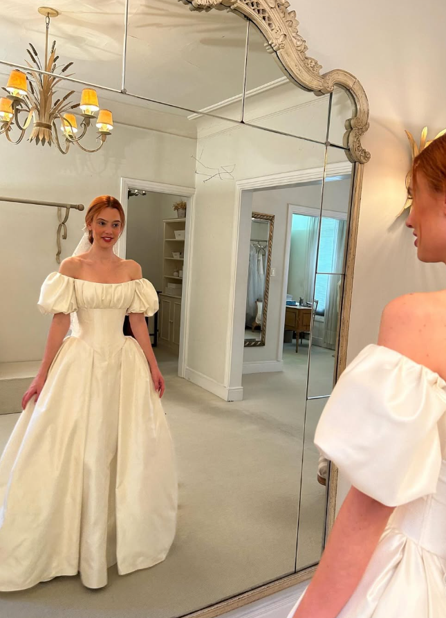 White Simple Elegant A Line Off the Shoulder Satin Long Wedding Dress DP4901