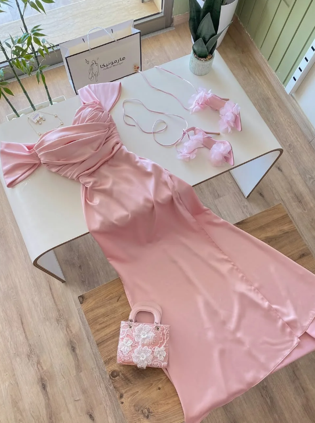 Gentle Simple Pink A Line Pleated Satin Prom Dress Evening Dress DP5257