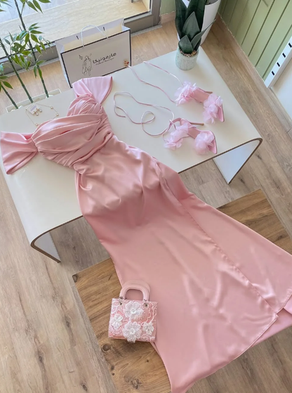 Gentle Simple Pink A Line Pleated Satin Prom Dress Evening Dress DP5257