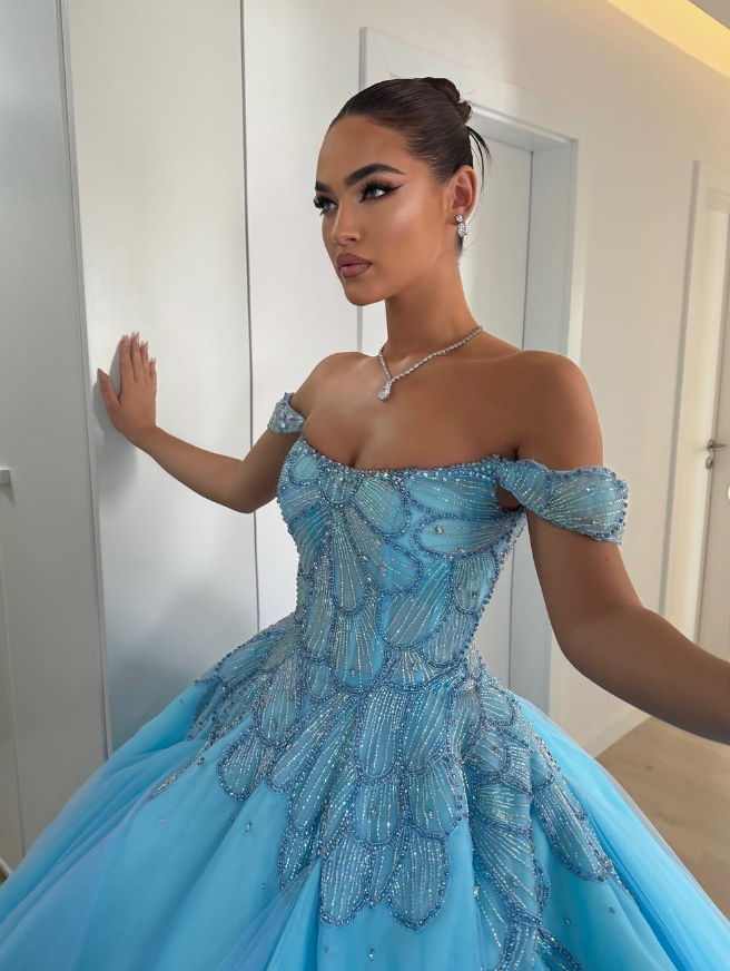 Gorgeous Ball Gown Off the Shoulder Beaded Blue Tulle Long Prom Dress Evening Dress DP1822
