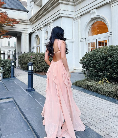 Pink Strapless Ruffle Chiffon Long Prom Dress Evening Dress DP1391