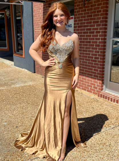 Gold Mermaid Strapless Beaded Satin Slit Prom Dress Party Evening Dress DP6299
