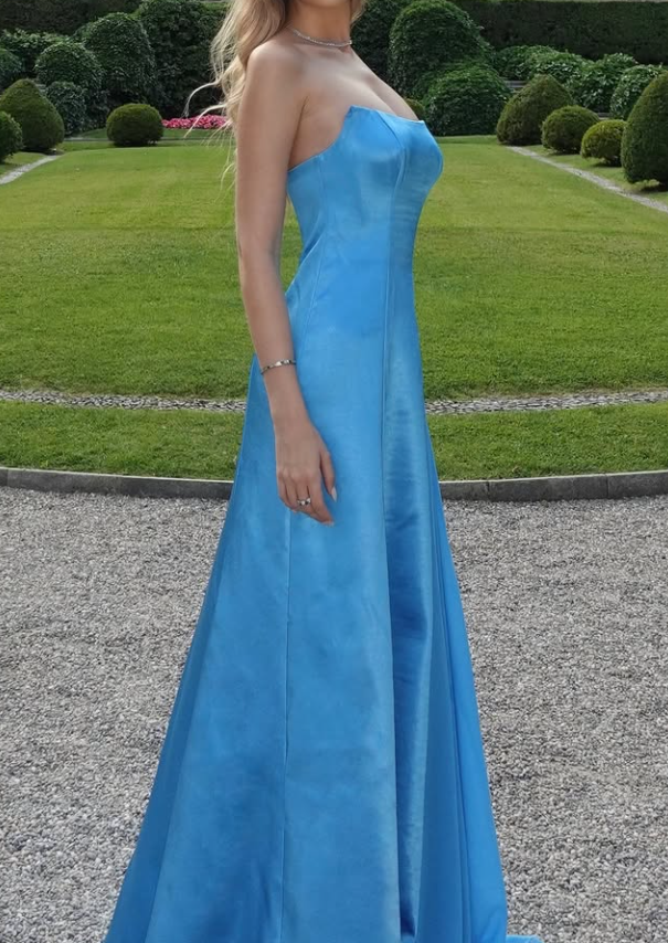 Dodger Blue Elegant A Line Strapless Chiffon Satin Long Prom Dress Evening Dress DP3303