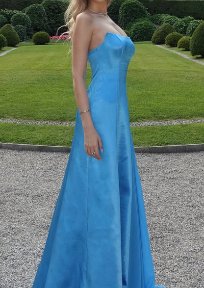 Dodger Blue Elegant A Line Strapless Chiffon Satin Long Prom Dress Evening Dress DP3303