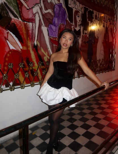 Cute A Line Strapless White Satin Black Velvet Short Homecoming Dress Evening Dress DP1920