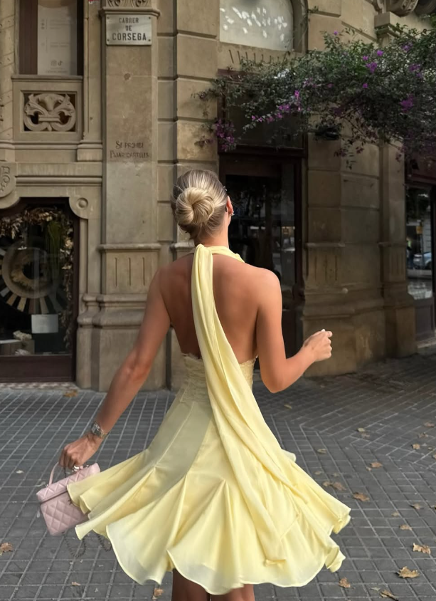 Yellow A Line V Neck Lace Chiffon Short Prom Dress Homecoming Dress DP5696