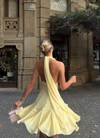 Yellow A Line V Neck Lace Chiffon Short Prom Dress Homecoming Dress DP5696