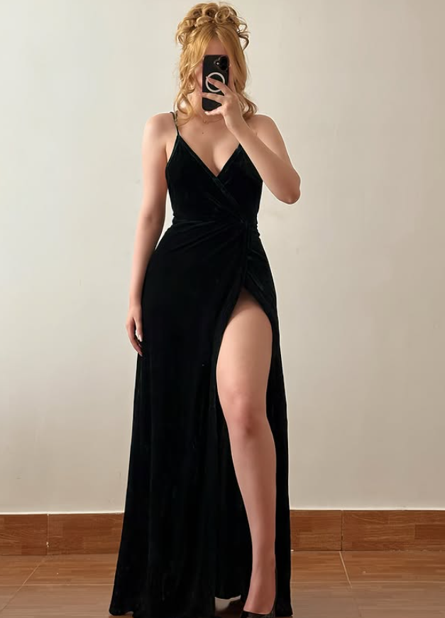 Black A Line Spaghetti Straps Velvet Slit Long Prom Dress Evening Dress DP6438