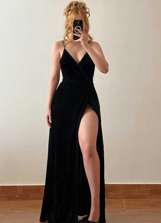 Black A Line Spaghetti Straps Velvet Slit Long Prom Dress Evening Dress DP6438