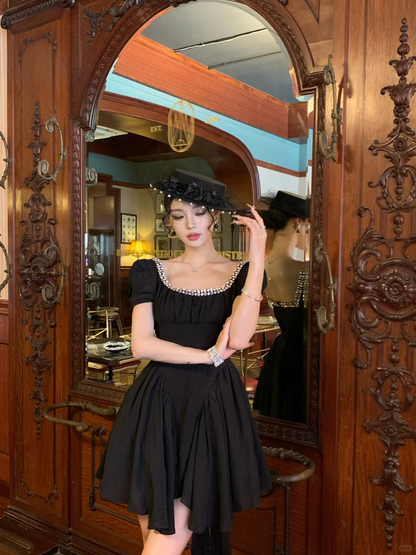 Cute A Line Puff Beaded Black Chiffon Short Homecoming Dress Outfits DP4555