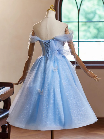 Fairy Sweetheart Beaded Off Shoulder Blue Tulle Short Prom Dress Homecoming Dress DP413