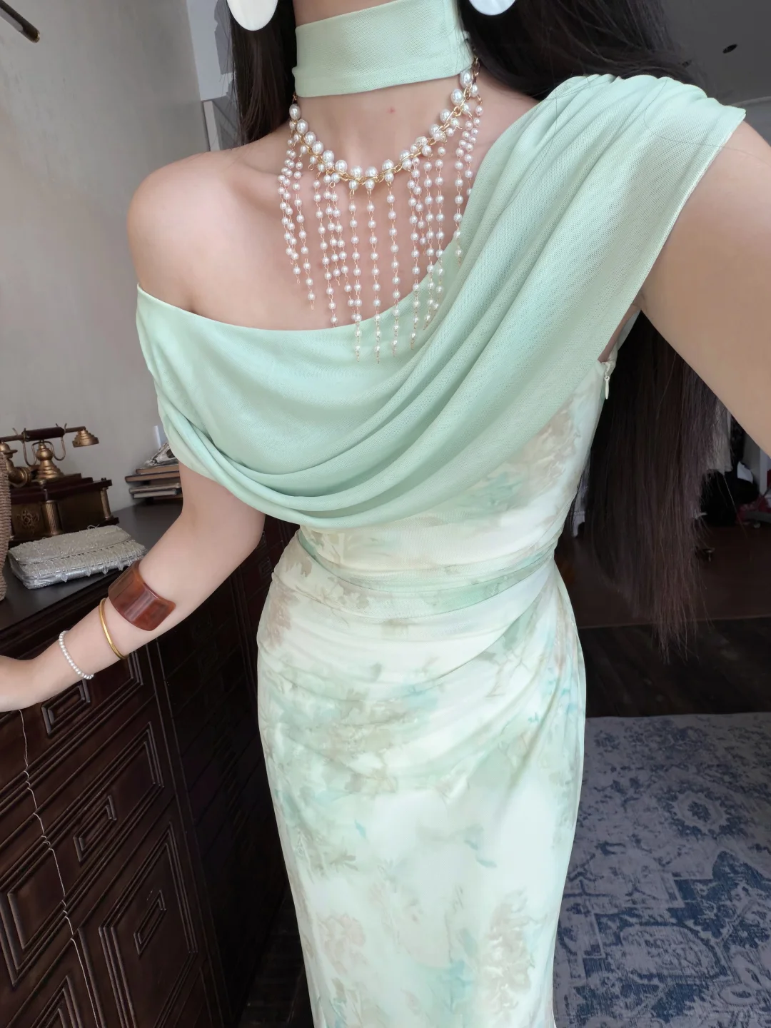 Gentle Light Green Mermaid Print Floral Chiffon Long Prom Dress Evening Dress DP5648