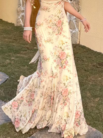 Gentle Print Floral Mermaid Off the Shoulder Ivory Chiffon Prom Dress Evening Dress DP6457