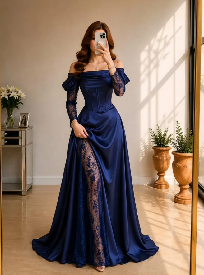 Elegant Navy Blue A Line Long Sleeve Lace Satin Prom Dress Evening Dress DP5633