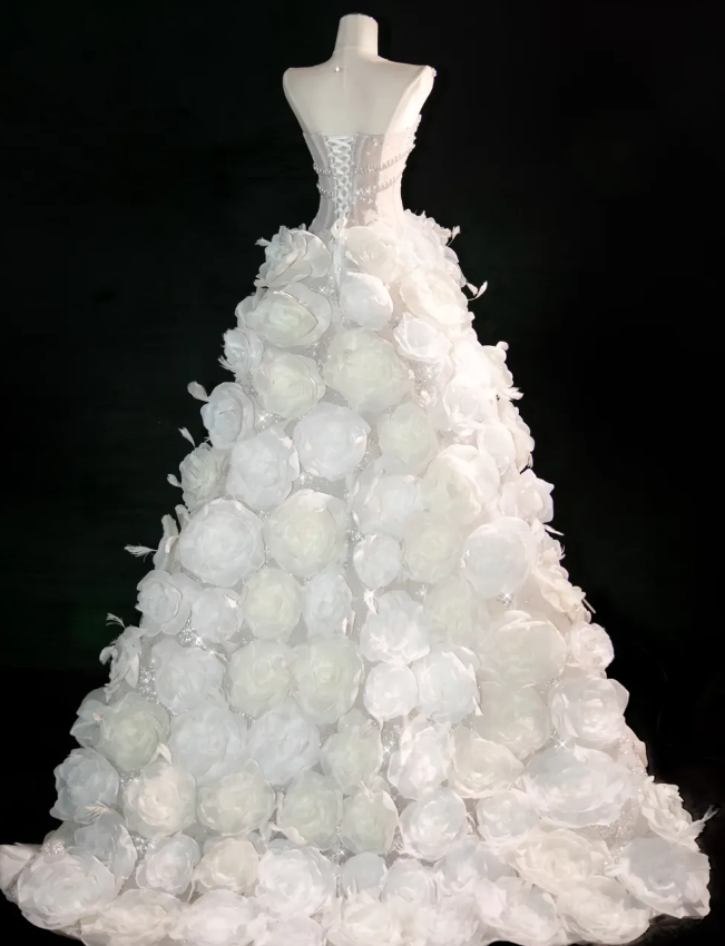 White Flower Exquisite Mermaid Rhinestone Tulle Strapless Prom Dress Evening Dress Party DressDP3100