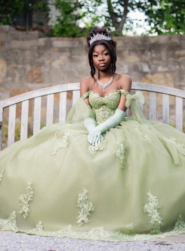 Light Green Princess Ball Gown Appliques Tulle Long Prom Dress 16th Birthday Dress DP5060