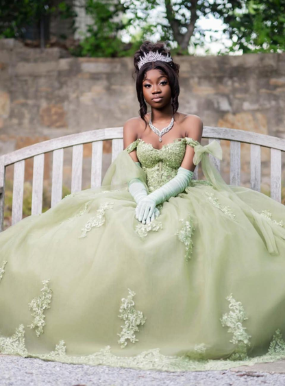Light Green Princess Ball Gown Appliques Tulle Long Prom Dress 16th Birthday Dress DP5060
