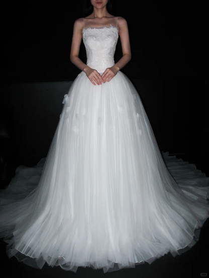 Backless Unique Ball Gown Straps White Lace Applique Tulle Long Wedding Dress DP6382