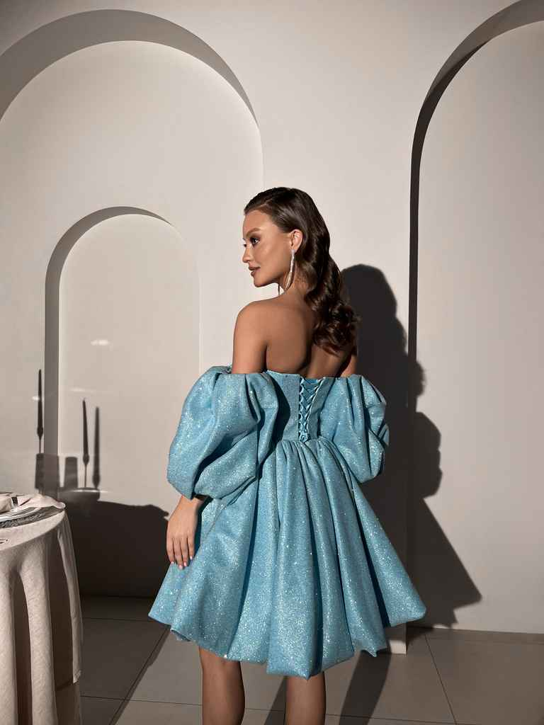 Shiny Ball Gown Puff Blue Sequin Short Prom Dress Homecoming Dress DP3934
