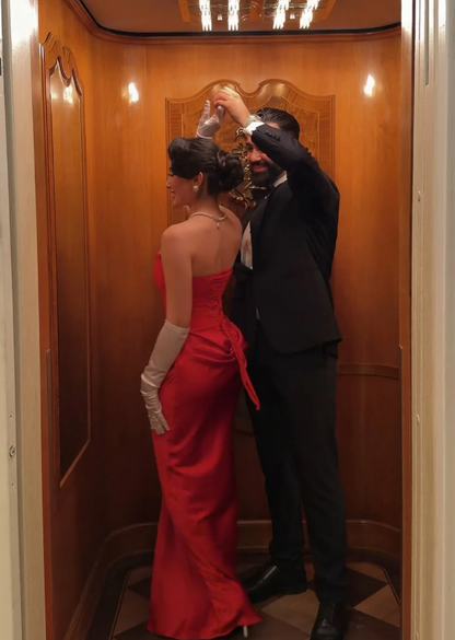 Beautiful Red Sheath Strapless Satin Long Prom Dress Evening Dress DP6932